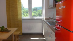 Une cuisine avec une fenêtre, un appareil électroménager rouge et une table sur laquelle est posée une plante.