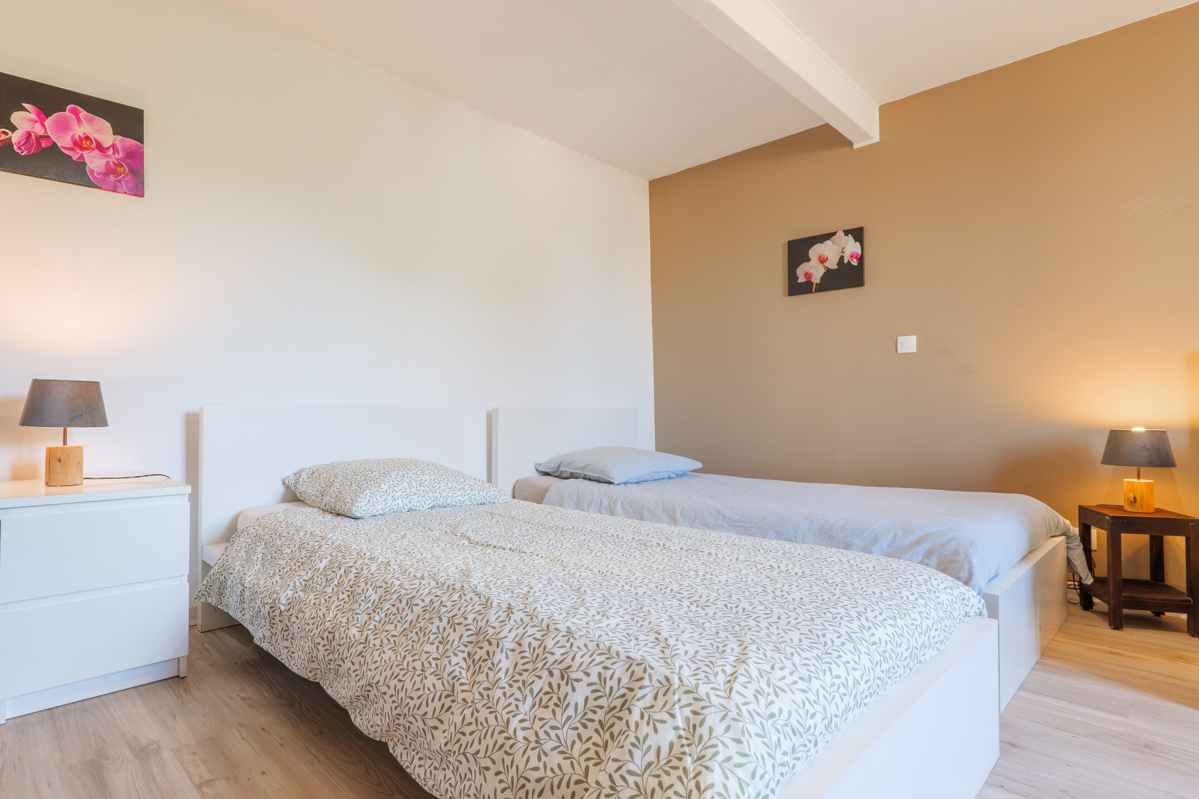 A bedroom with two beds, a nightstand with a lamp, and a wall-mounted picture.