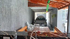 Una cuina amb un rentaplat, una taula de dinar, cadires, un lloro verd penjant i un cotxe al fons.