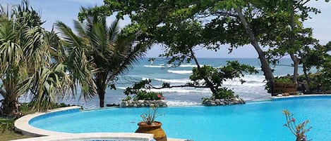 A pool with a curved edge, surrounded by tropical vegetation and overlooking the ocean.