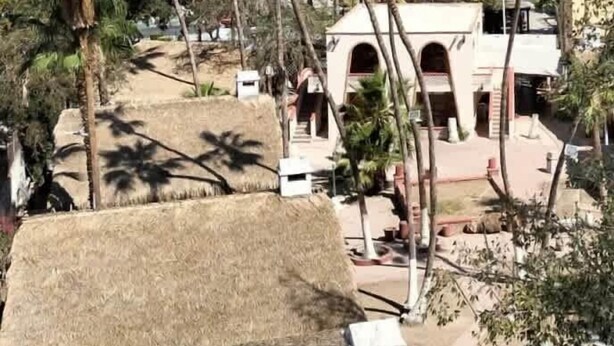 A coastal area with palm trees, a white building with arches, and a thatched-roof structure. - SS 3A Cabaña rustica frente al malecón de La Paz (La Paz)