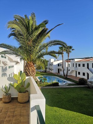 A pool area with a palm tree and a cactus plant. - Golf & Beach Holiday Home, Menorca (Son Parc)