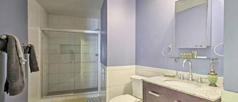Hair dryer, towels, soap, shampoo