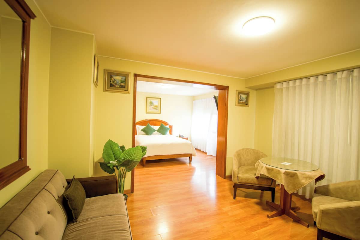 A hotel room with a bed, a sofa, a chair, a small table, and a potted plant.