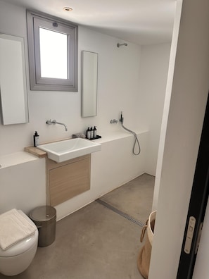 Shower, hair dryer, towels, shampoo