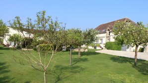 A residential area with a well-maintained lawn, several trees, and a building with a pitched roof. - Guesthouse at the Rooster's Song (Saint-Lyé)