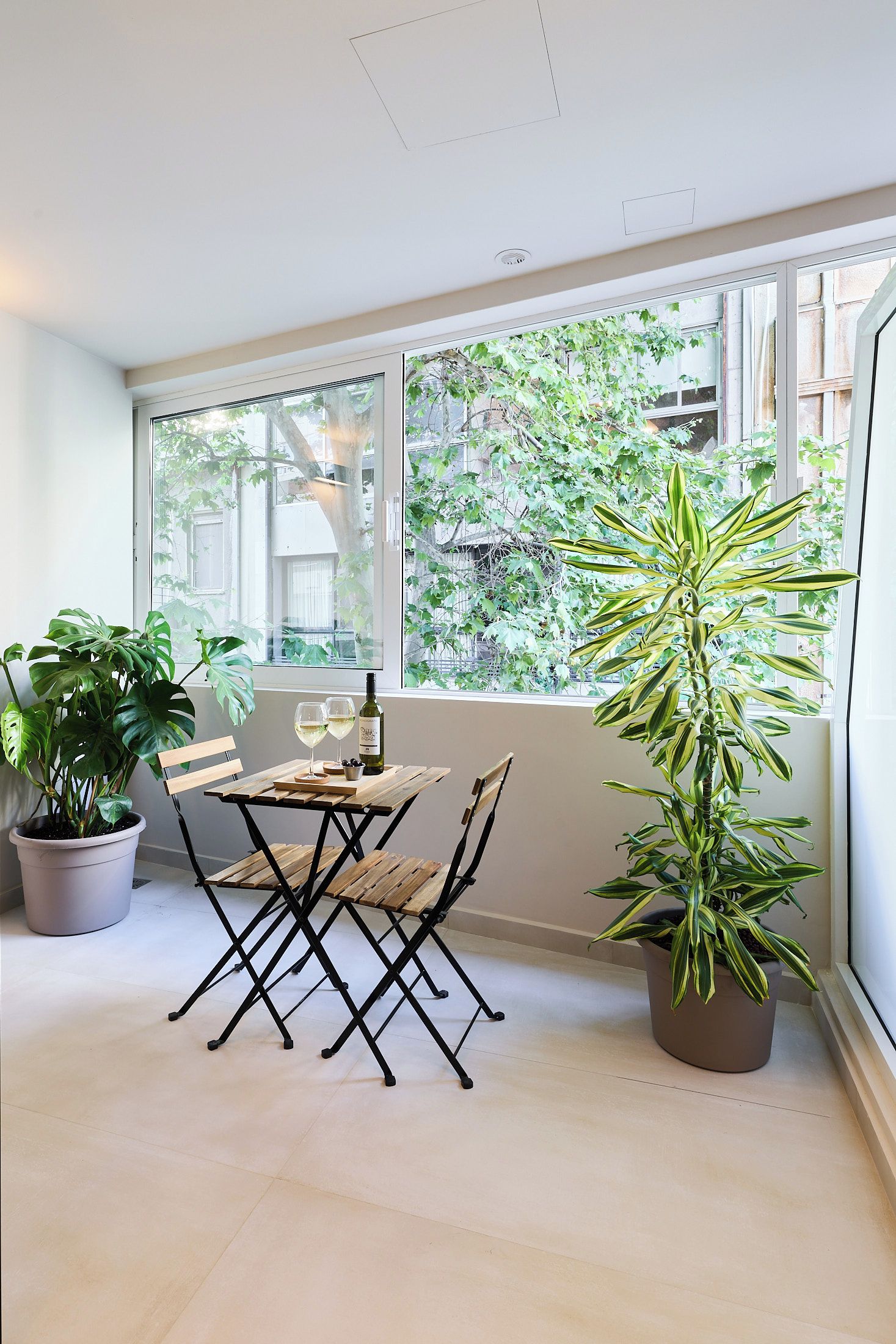 Ein Zimmer mit Tisch und Stühlen, einer Topfpflanze und einem Fenster mit Blick auf Bäume.