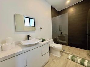 Dusche, Haartrockner, Handtücher, Shampoo