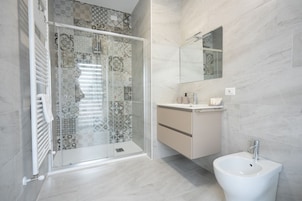 Shower, free toiletries, hair dryer, bidet