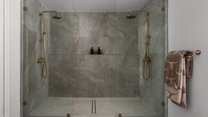 Shower, hair dryer, towels, shampoo