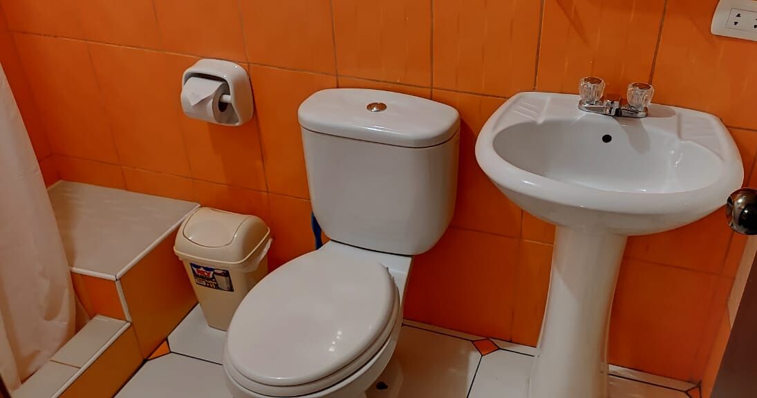 A bathroom with a toilet, sink, and trash bin.