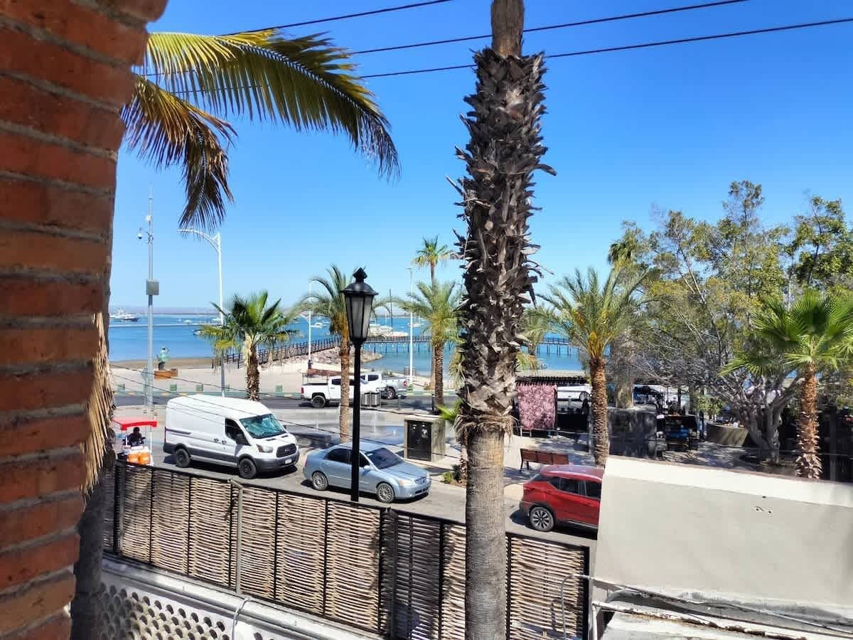 Une rue côtière bordée de voitures garées, de palmiers et offrant une vue sur la mer.