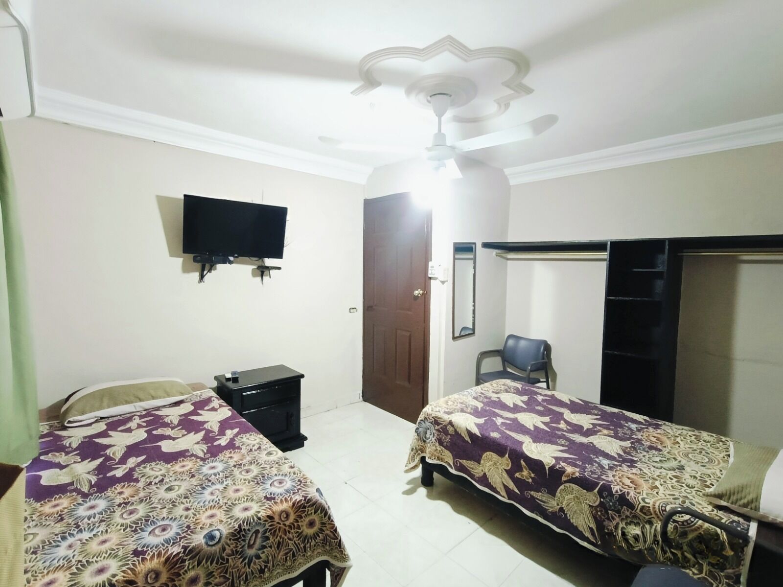 A bedroom with two beds, a TV, a wardrobe, and a door.