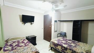 A bedroom with two beds, a TV, a wardrobe, and a door.