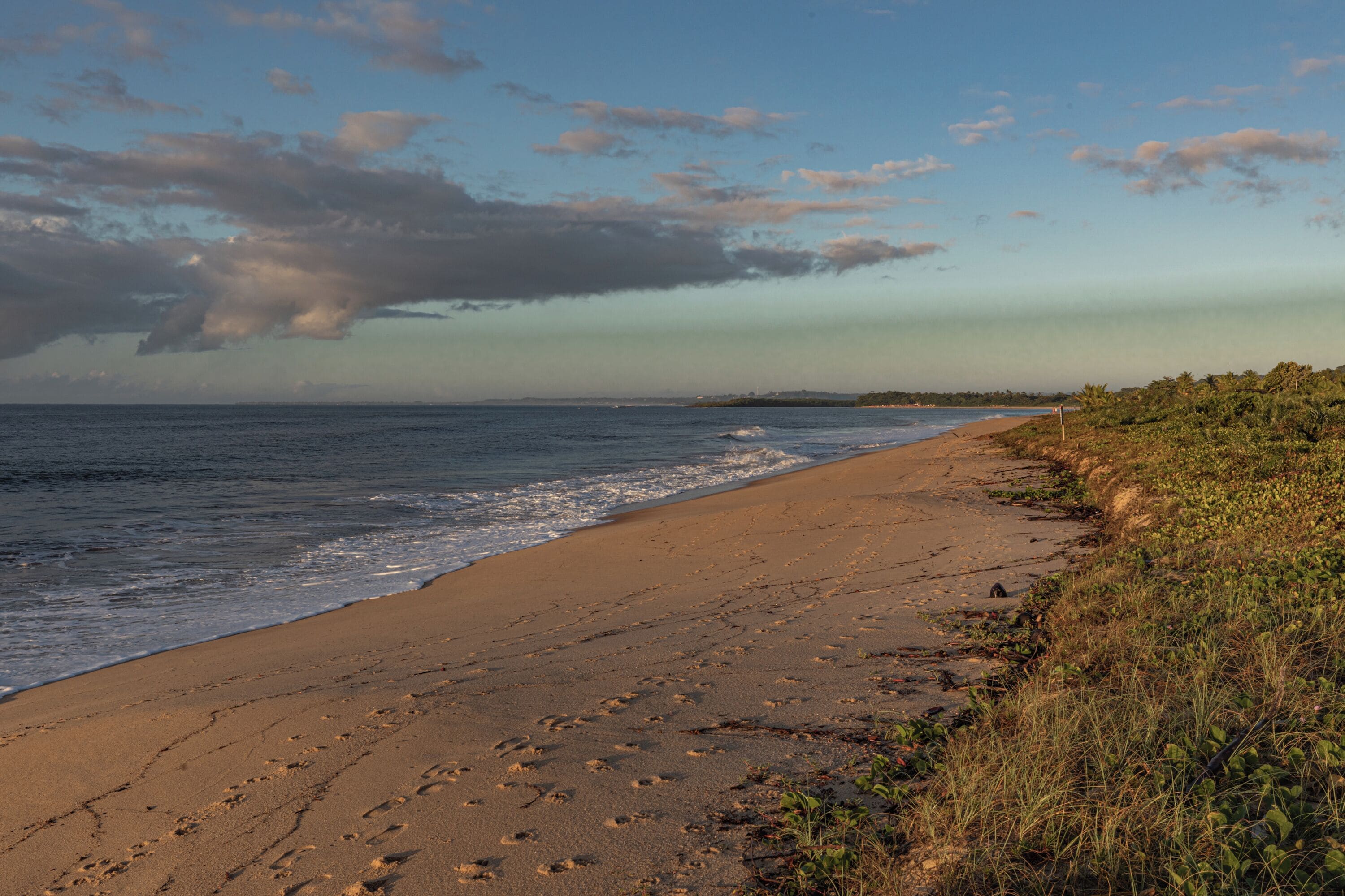 A beach with footprints in the sand, a clear sky, and a distant shoreline.