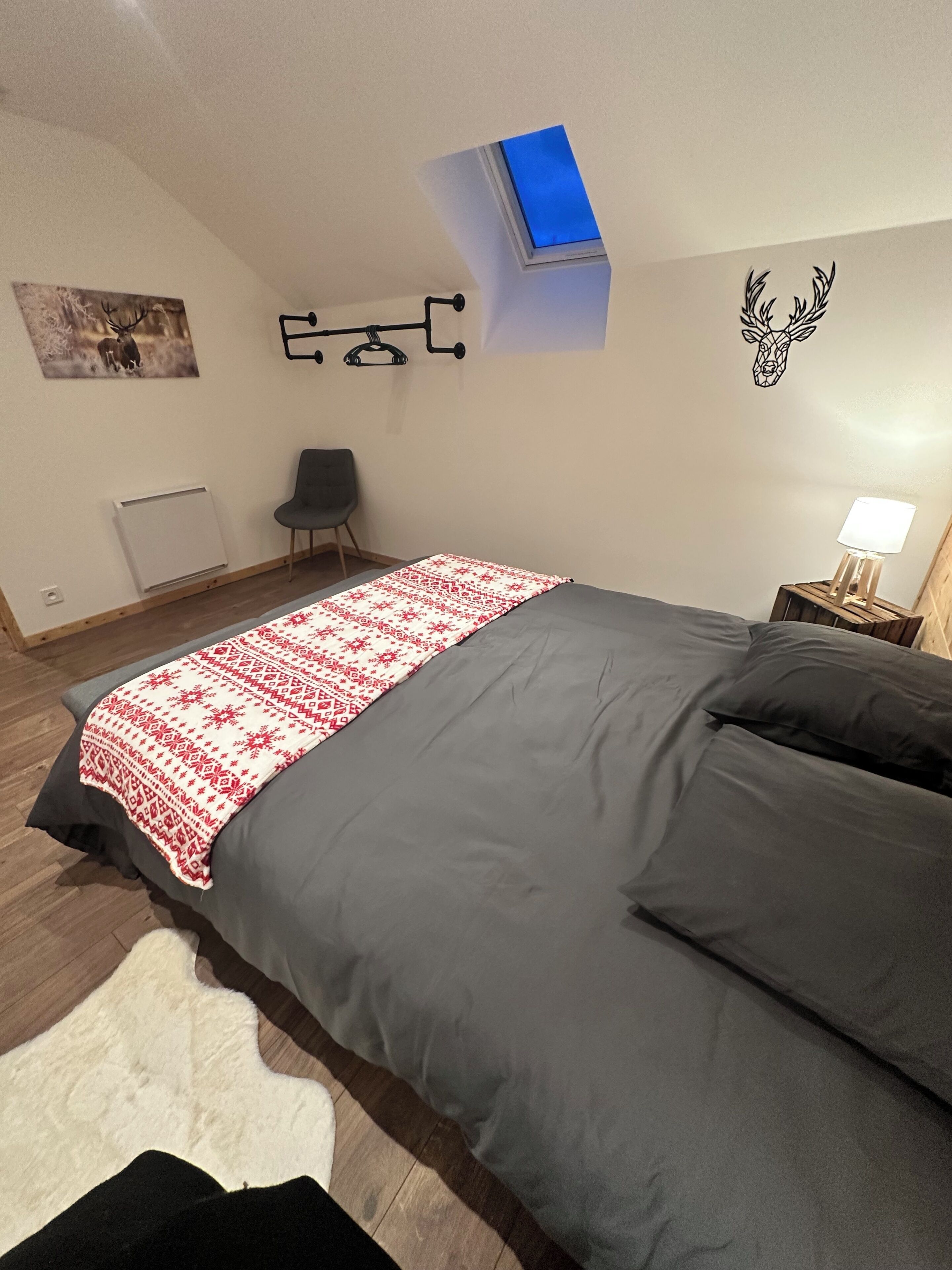 Una camera da letto con un letto, una sedia, un termosifone, una lampada a parete e una plafoniera.