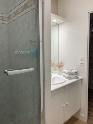 Shower, hair dryer, soap, toilet paper - Spacious, quiet apartment close to all amenities, at the crossroads of the beaches (Plancoët)
