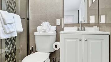 Shower, hair dryer, shampoo