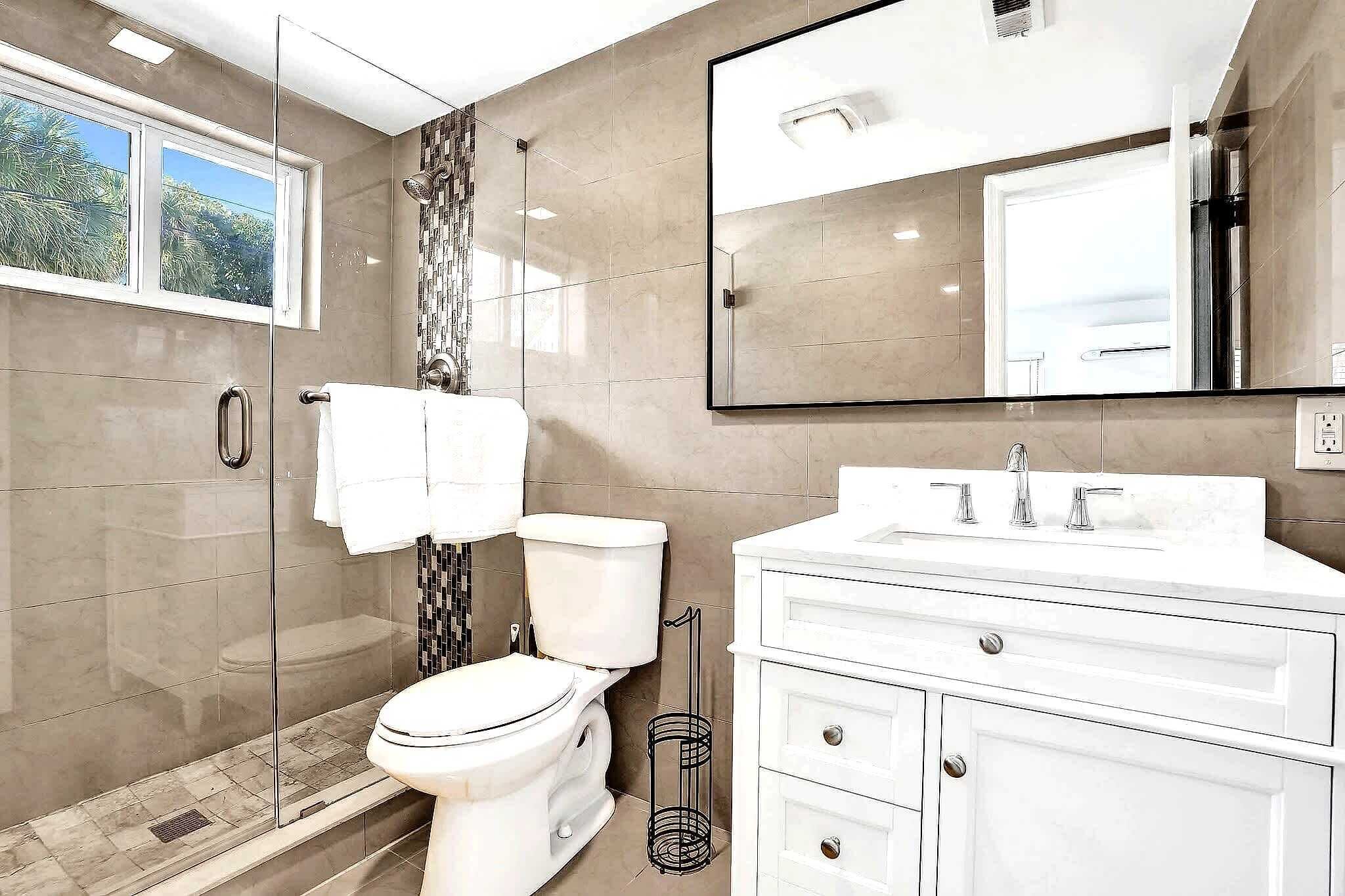 Shower, hair dryer, shampoo