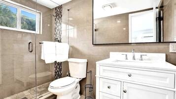 Shower, hair dryer, shampoo