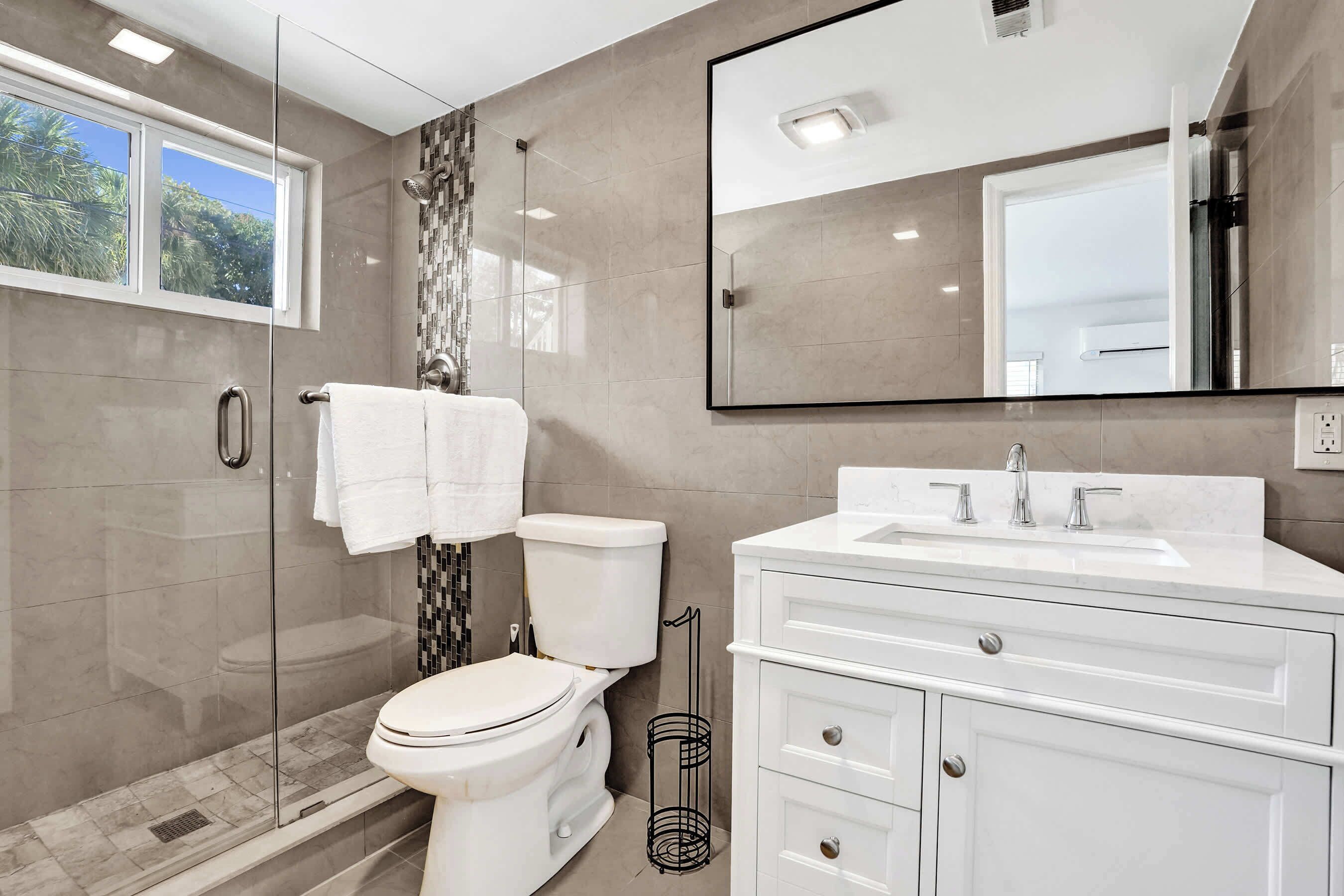 Shower, hair dryer, shampoo