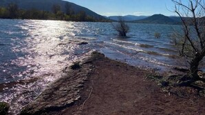 Une rivière dont le lit est parsemé de rochers, bordée de collines et d’arbres.