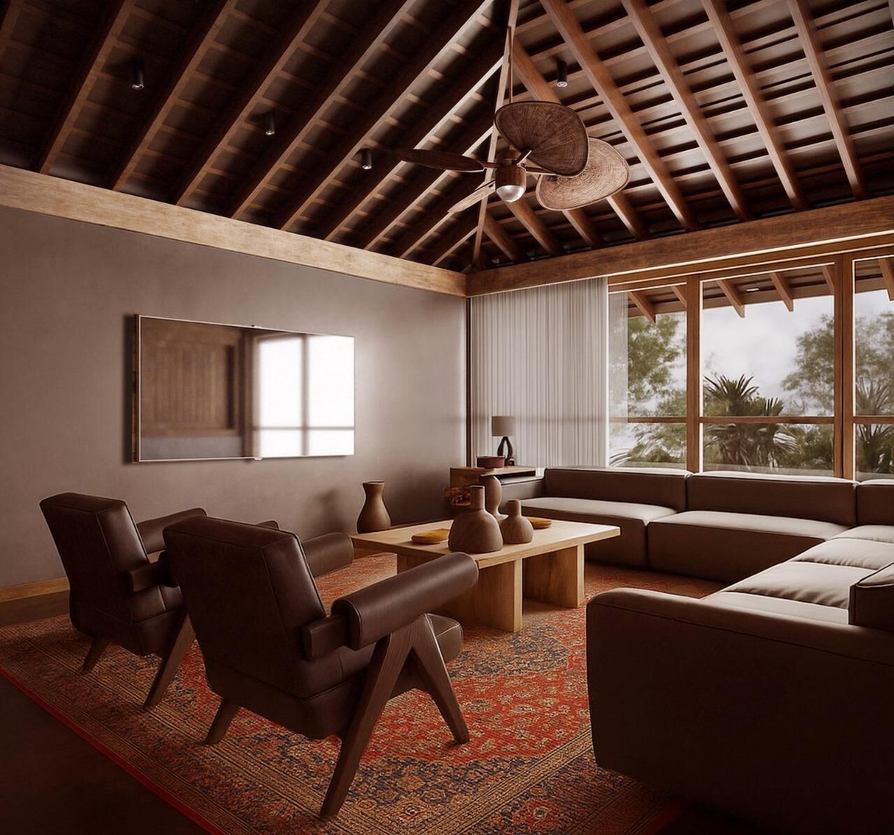 A modern living room with a high ceiling, wooden beams, a large window with a view, and a seating area with a sofa and chairs.
