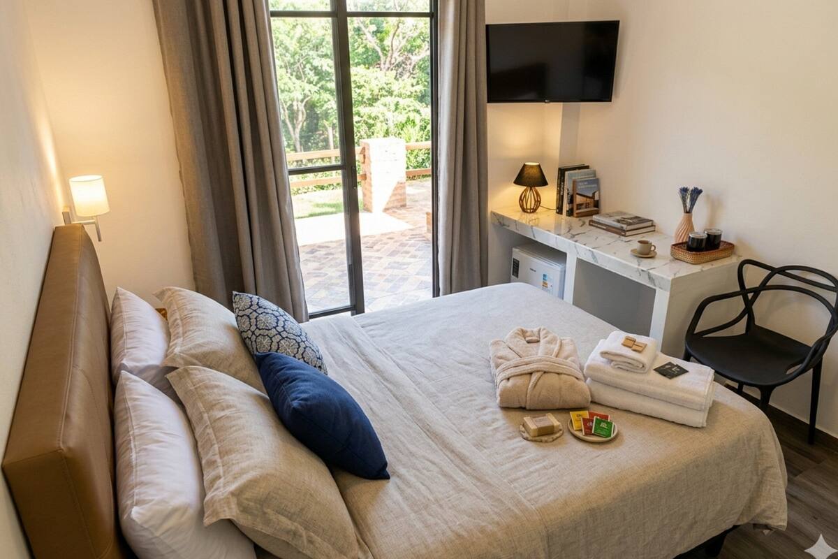 A hotel room with a bed, a desk with a TV, a chair, and a view of the outdoors.