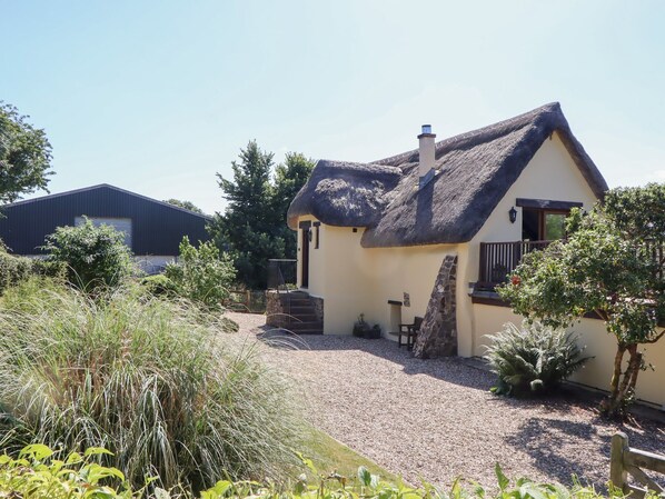A house with a thatched roof, a gravel driveway, and a small garden with various plants. - The Cottage (Okehampton)