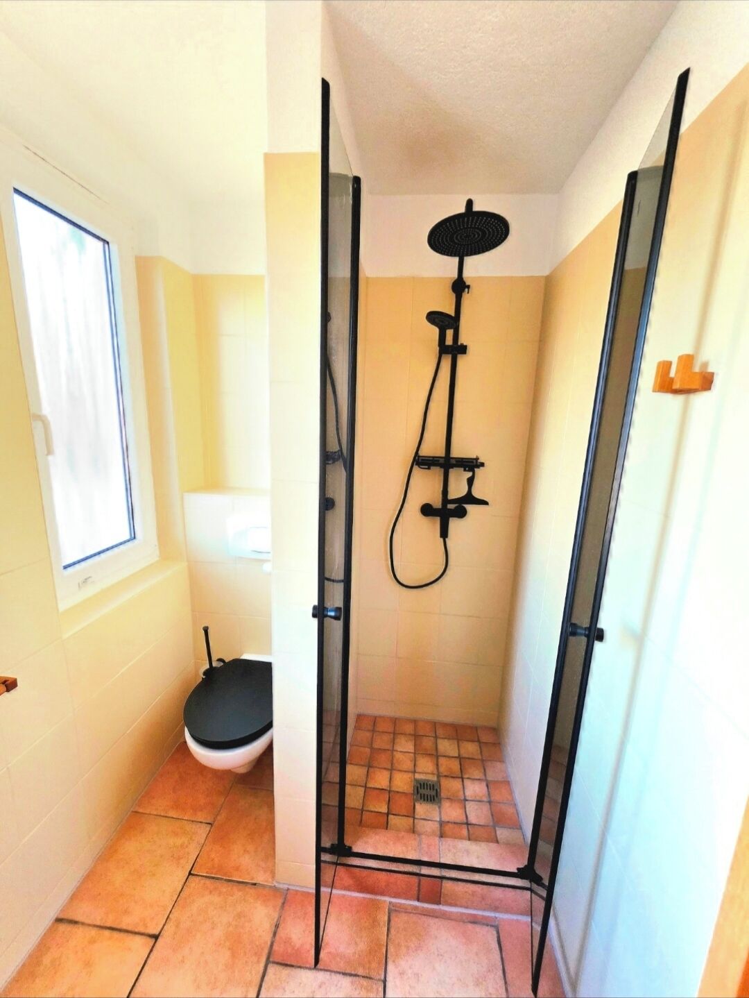 Regadera, secadora de cabello, jabón, papel de baño 