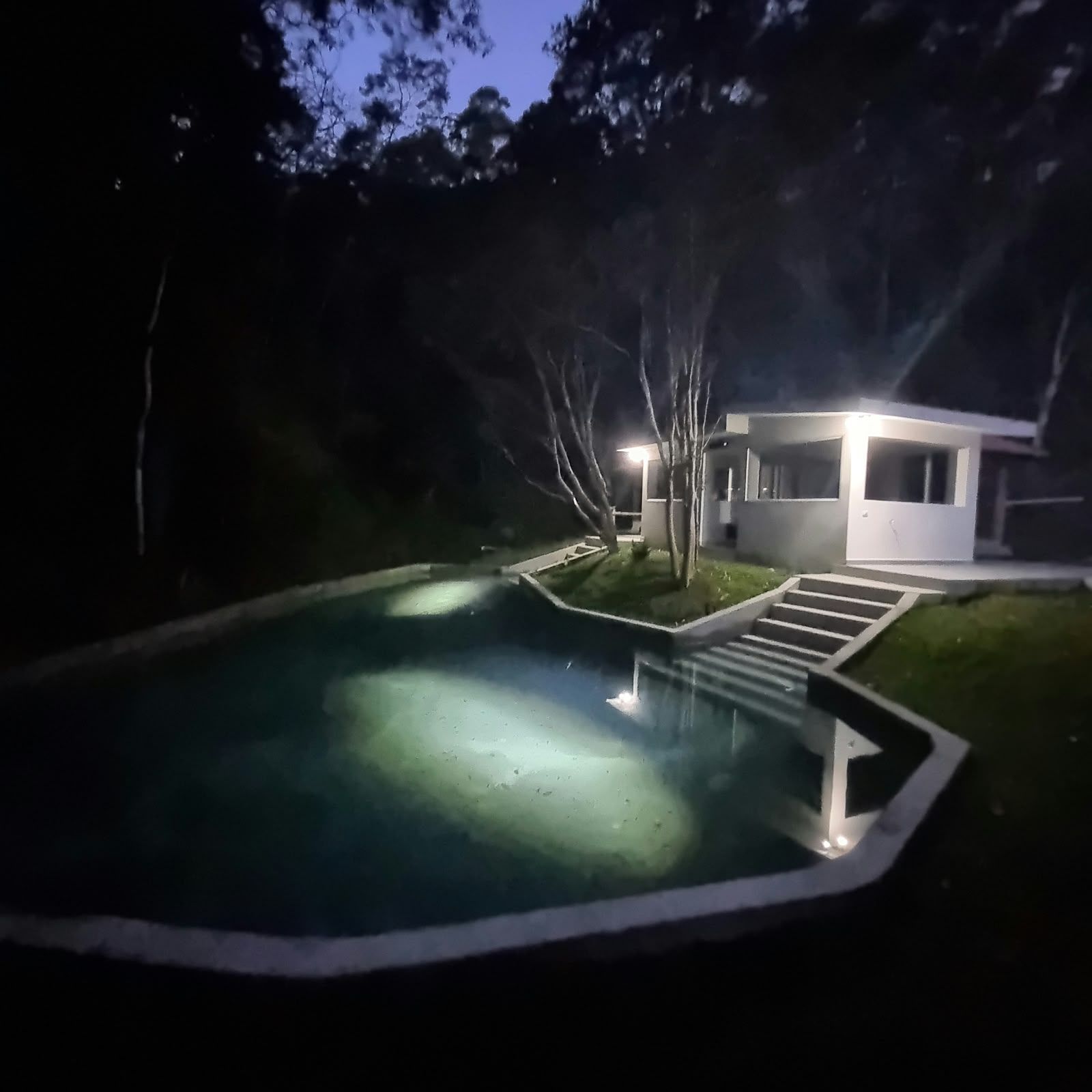 Ein Nachtbild von einem modernen Haus mit Swimmingpool, umgeben von Bäumen und einem gut beleuchteten Weg zum Eingang.
