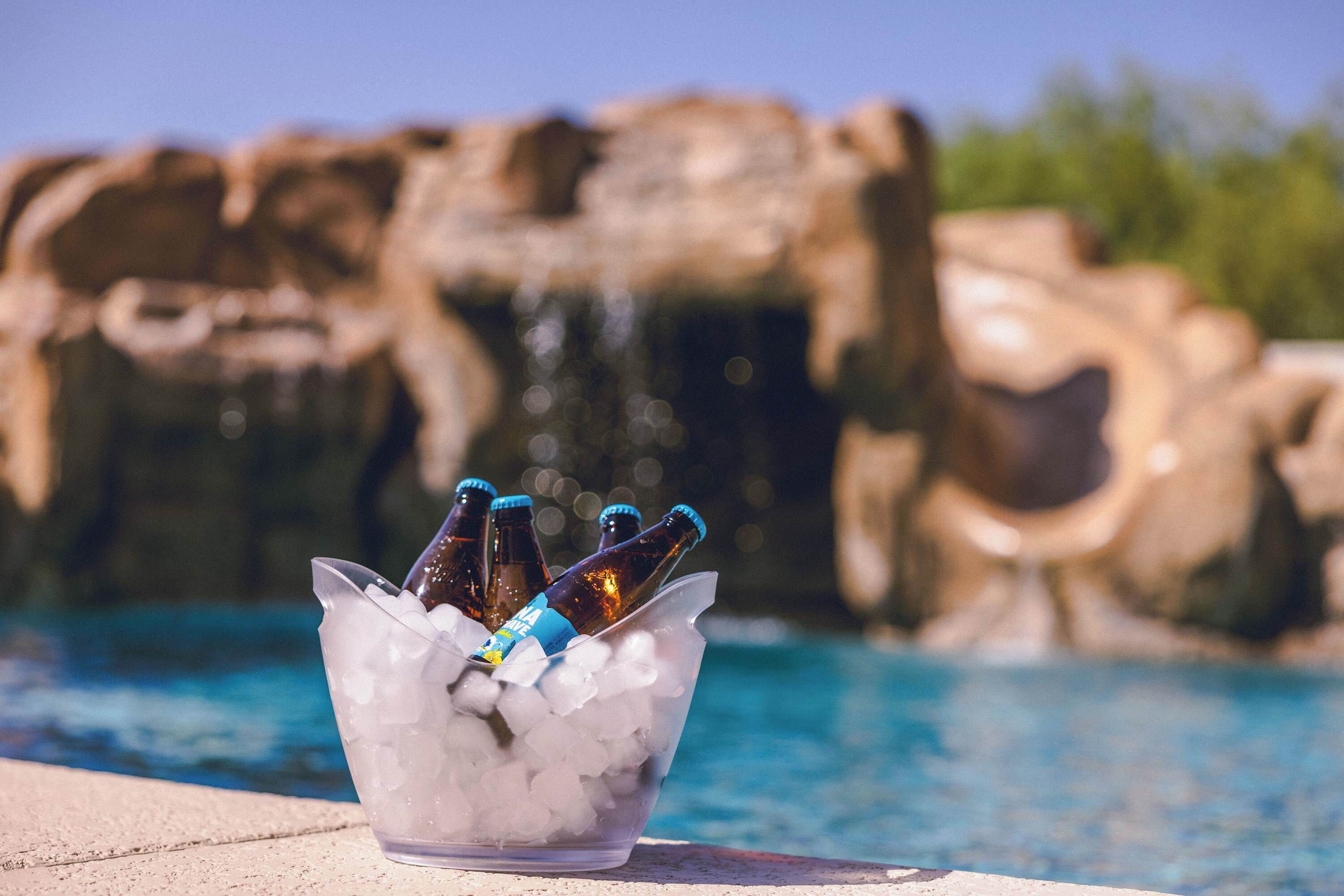 A clear plastic bucket filled with ice and several bottles, placed by a pool with a rocky backdrop.