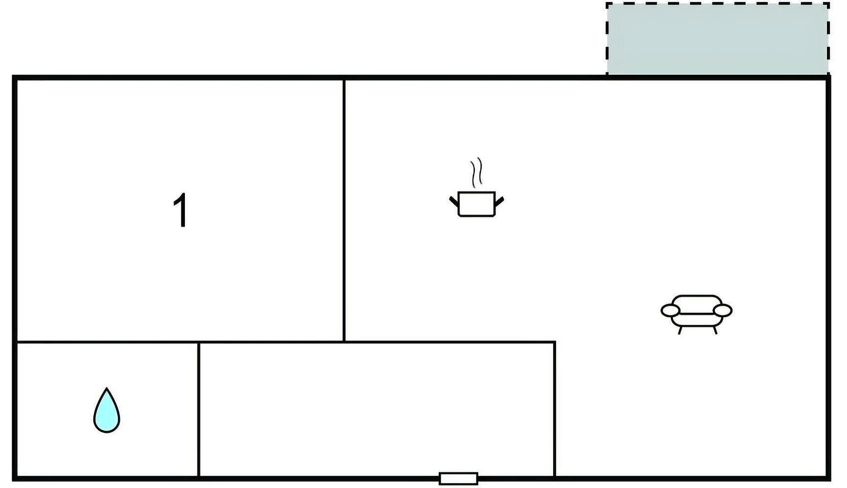Distribución de una habitación con cama, baño y zona de estar.