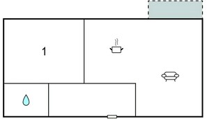 Un plan d’aménagement d’une pièce comprenant un lit, une salle de bain et un coin salon.