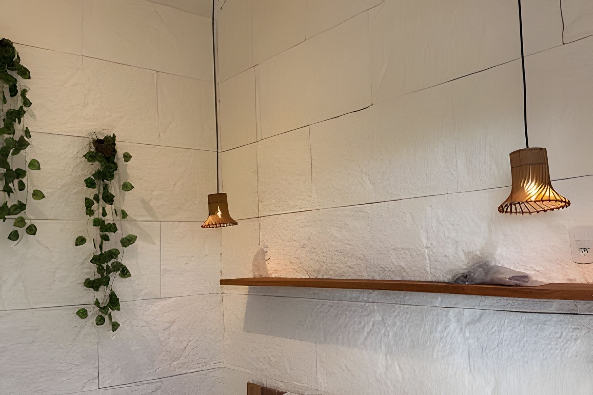 A room with white textured walls, a wooden shelf, and hanging pendant lights.