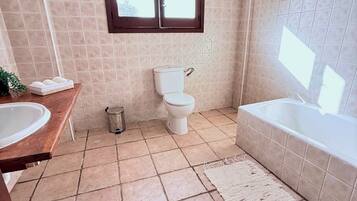 Hair dryer, towels, soap, toilet paper