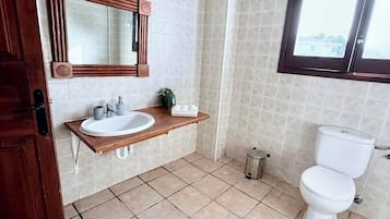 Een haardroger, handdoeken, zeep, toiletpapier