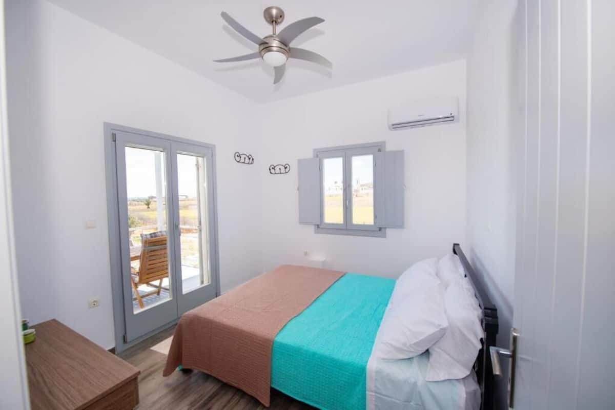 A bedroom with a bed, a ceiling fan, a window, and a door.
