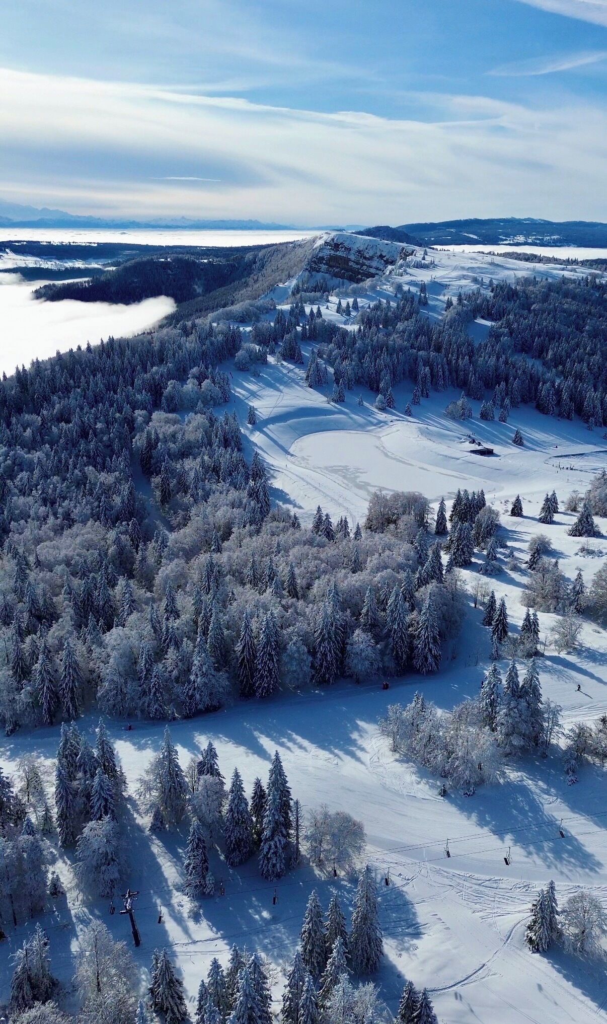 A snow-covered landscape with a ski slope, trees, and a distant body of water.