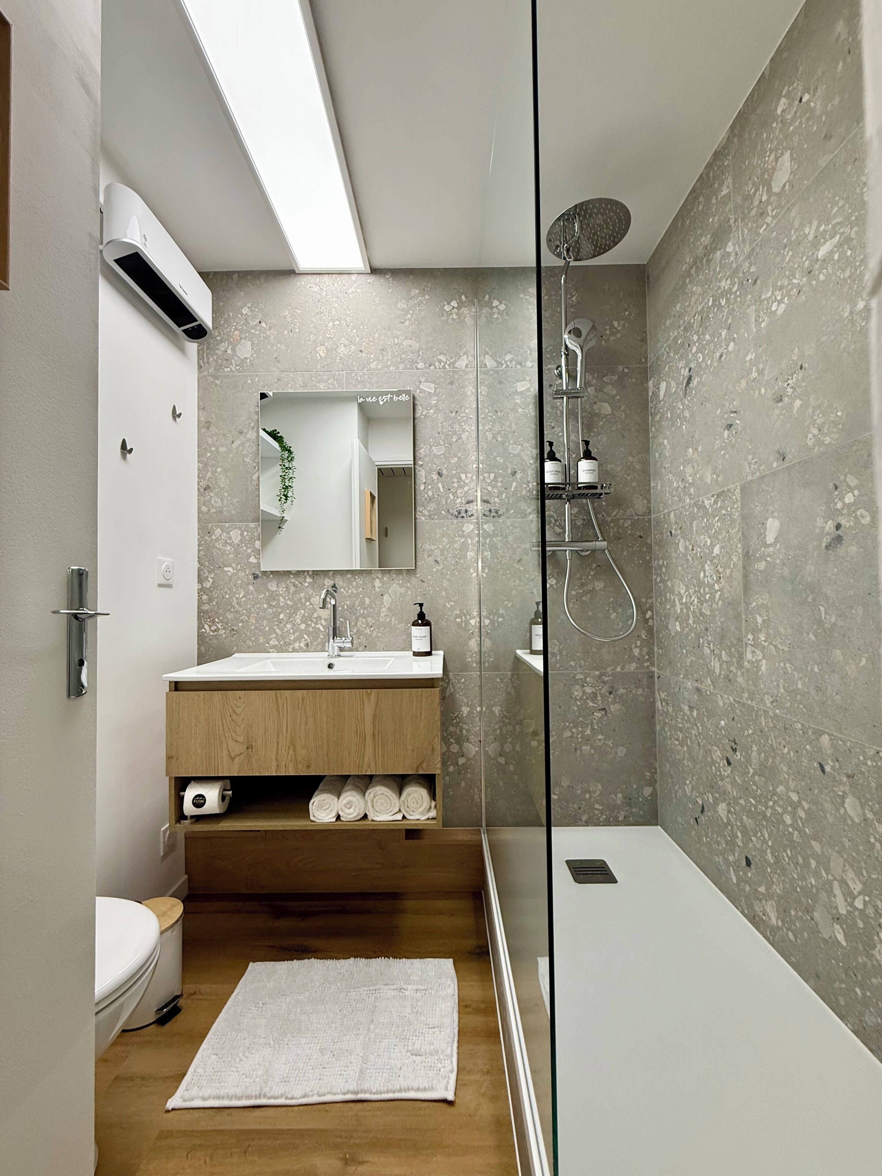Hair dryer, towels, soap, shampoo