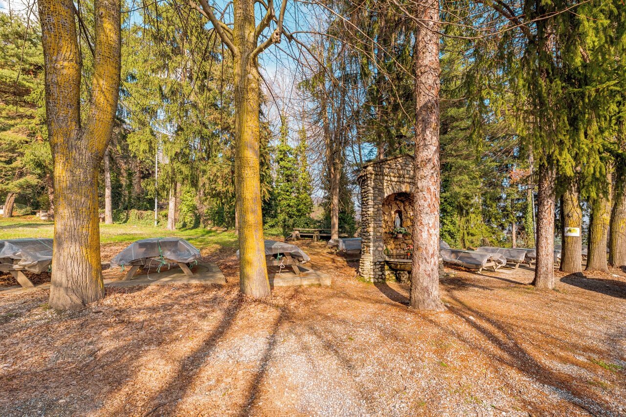 Un campamento arbolado con mesas de picnic y una estructura de piedra.