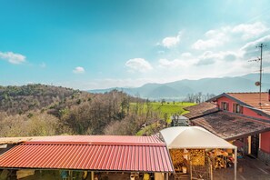 Ländliche Szenerie mit einem Haus, das ein rotes Dach, eine Veranda und einen Blick auf grüne Felder und Berge bietet.