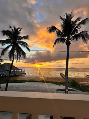Blick auf einen Strand mit Palmen, einem Steg und einem Gebäude mit Reetdach.