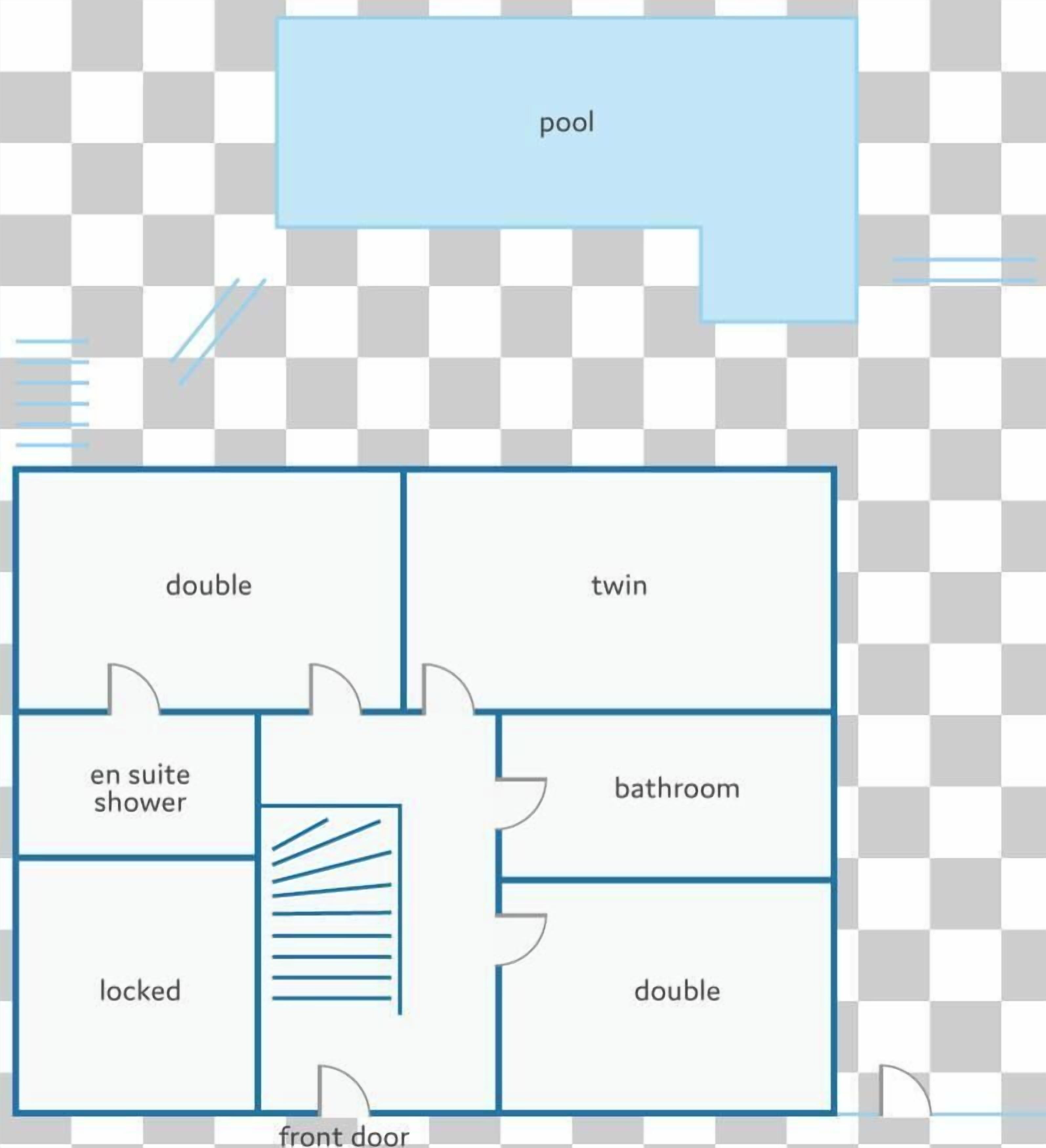 A hotel room layout with a pool, double, twin, en suite shower, locked, and double bathroom.