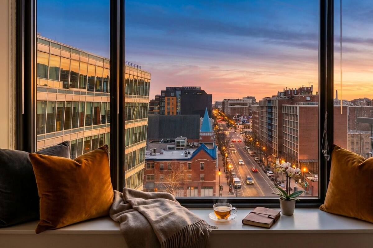 A cityscape view from a window with a sofa and cushions, a cup of tea, and a book on the windowsill.