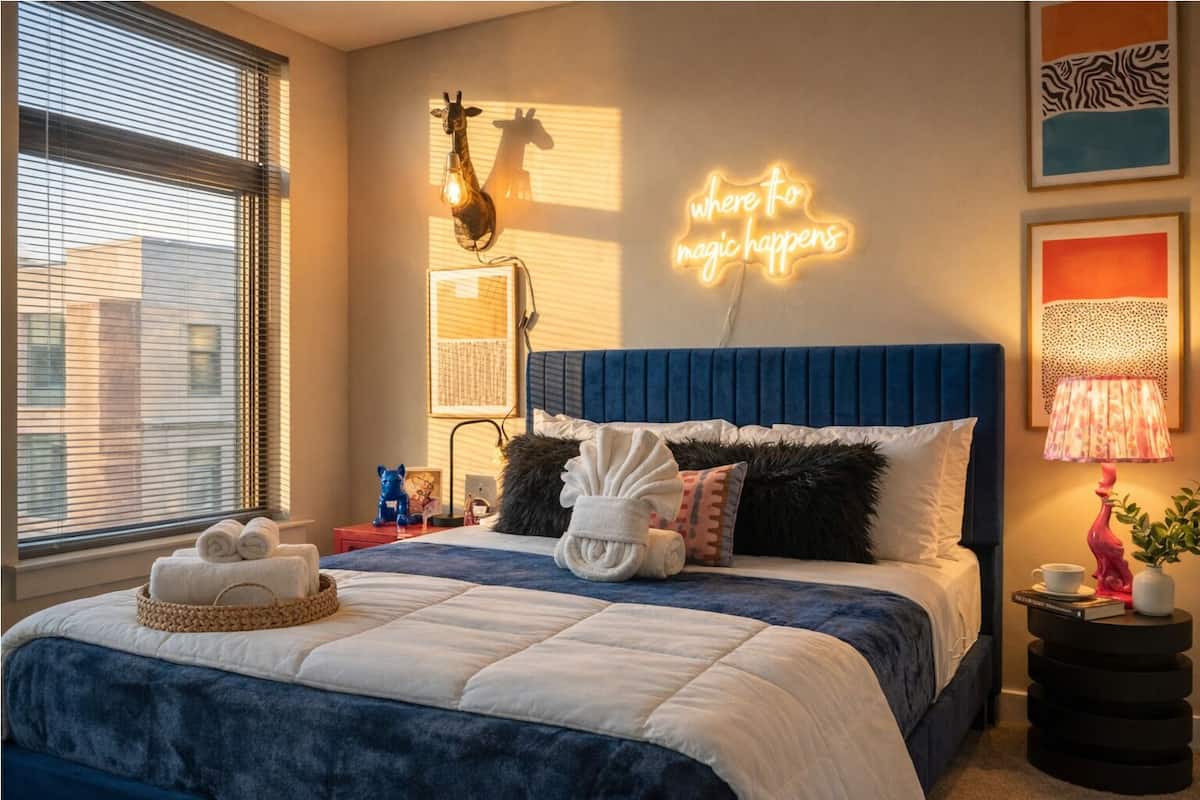 A bedroom with a bed, a neon sign, a giraffe light, and a city view.