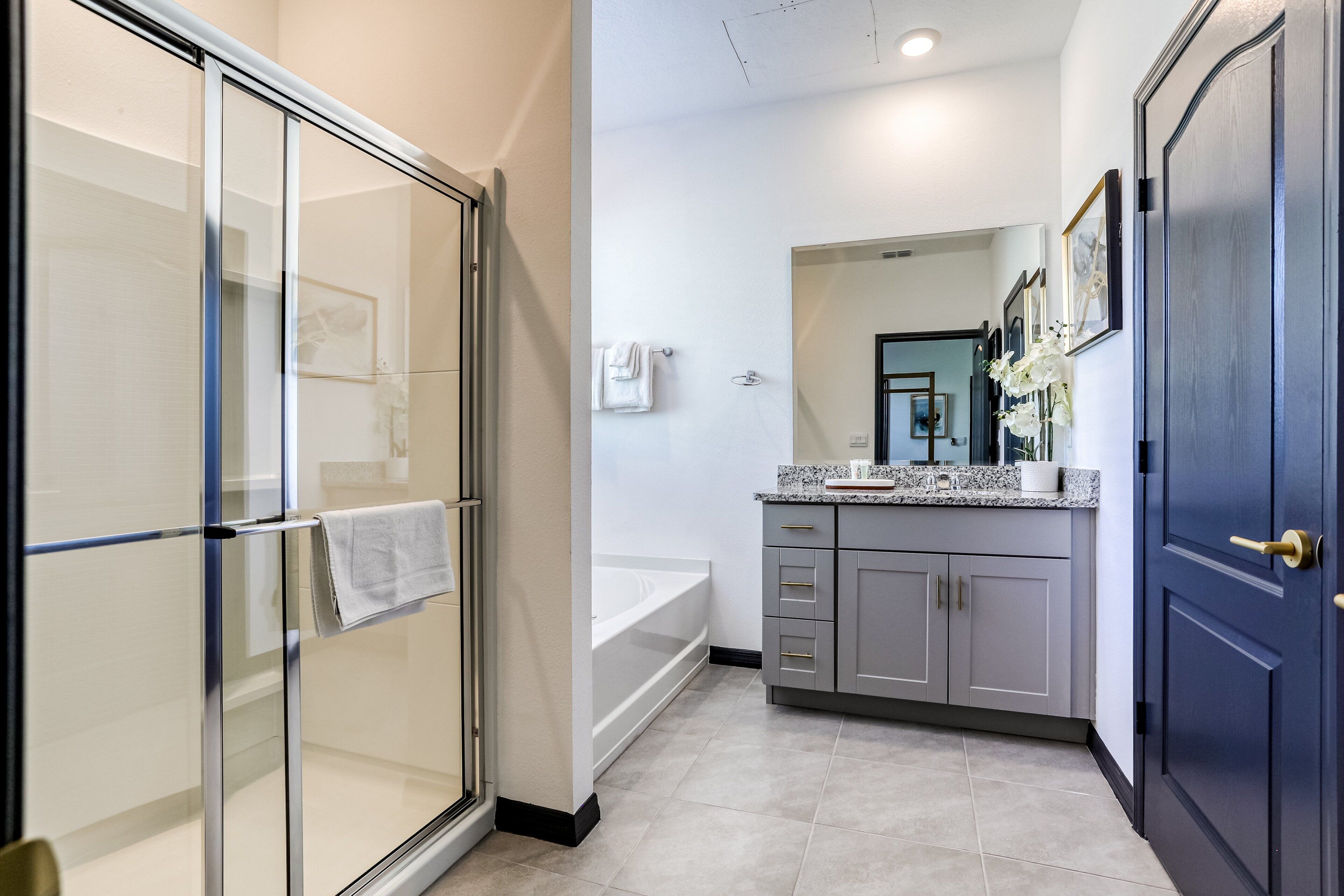 A modern bathroom with a glass shower enclosure, a bathtub, and a vanity with a mirror.