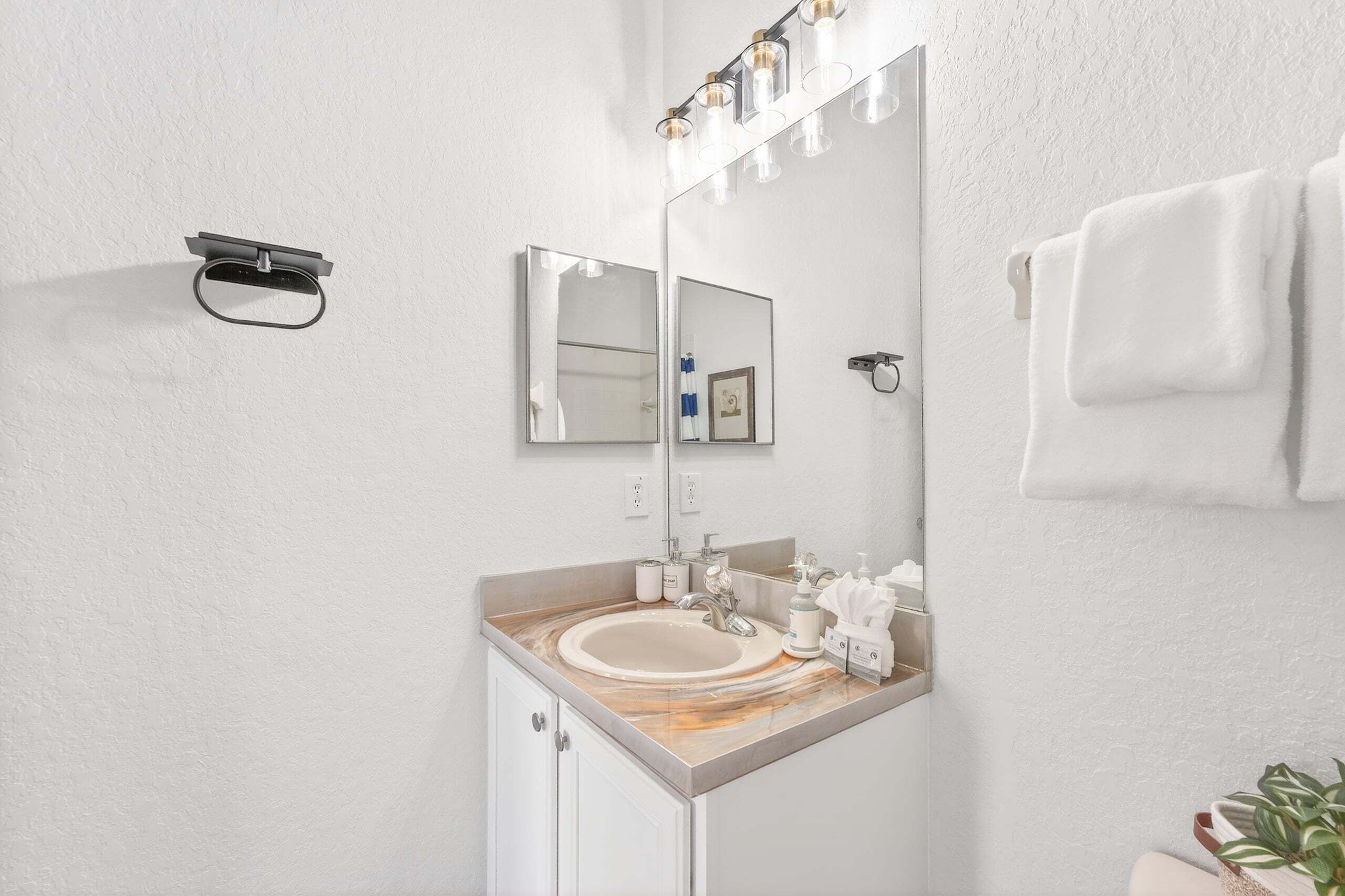 Een badkamer met een wastafel, spiegel, handdoekrek en een kleine plant.