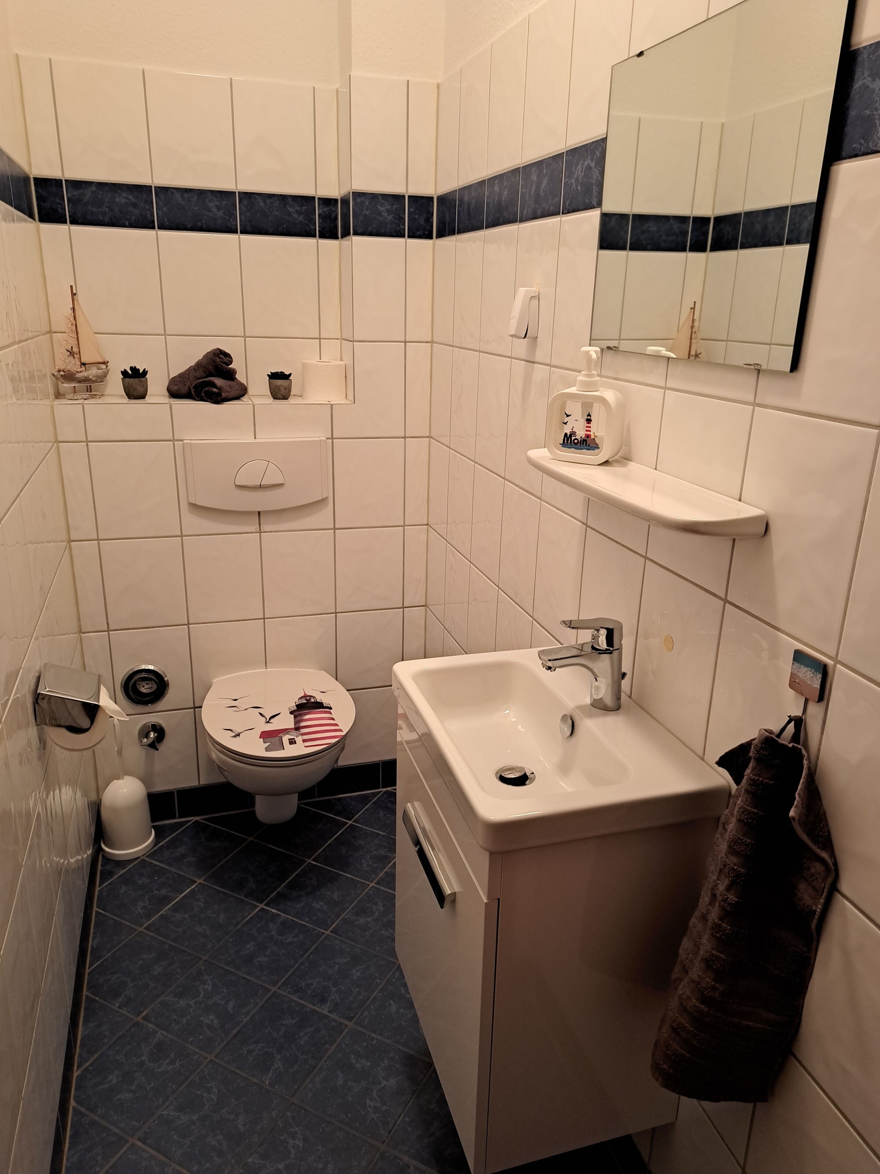 Un bany amb vàter, rentapel i mirall.