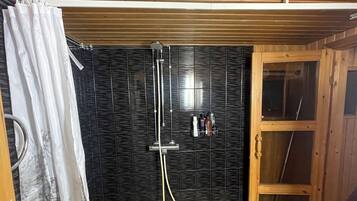 Hair dryer, bidet, towels, soap